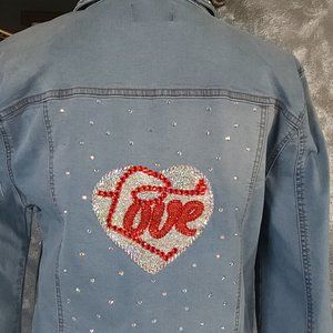 Women's XL Denim Jacket Hand-Embellished LOVE HEART